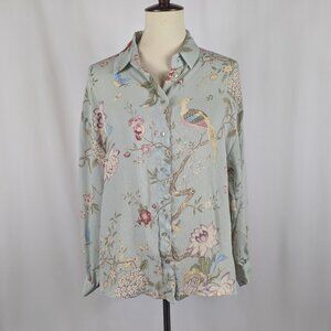 H&M x GP & J Baker Mint Green Floral Bird Print Blouse Asian Romantic Sz 8